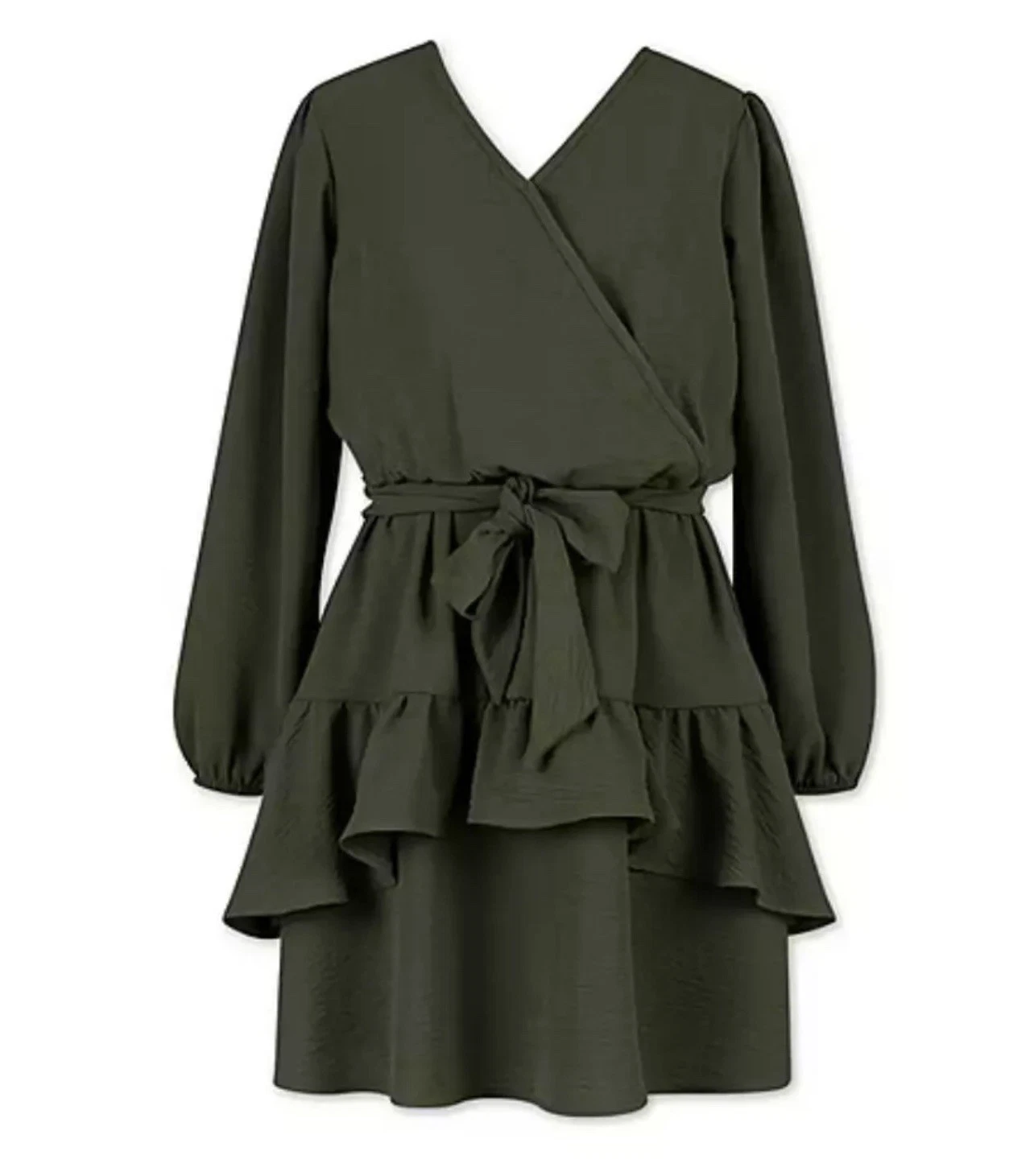 Speechless Girls Long Balloon Sleeve Wrap Tie Dress Olive Green Ruffle Size 10