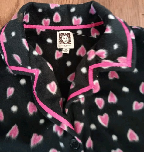 Anne Klein Pajama Set Womens Sz M Fleece Long Sleeve Long Pants Black PinkHearts - Afbeelding 5 van 10