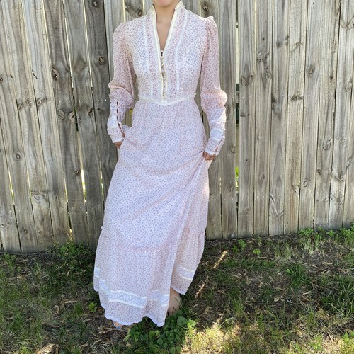 Vtg Gunne Sax White Pink Floral Maxi Prairie Dress Lace Trim Pearl 0/2 7 USA - Picture 2 of 24