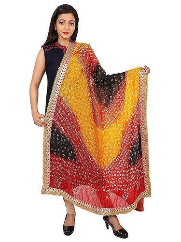 Cotton Silk Bandhani Multi Heavy Dupatta With Gota Work Women Jaipuri Rajasthani - Picture 2 of 9