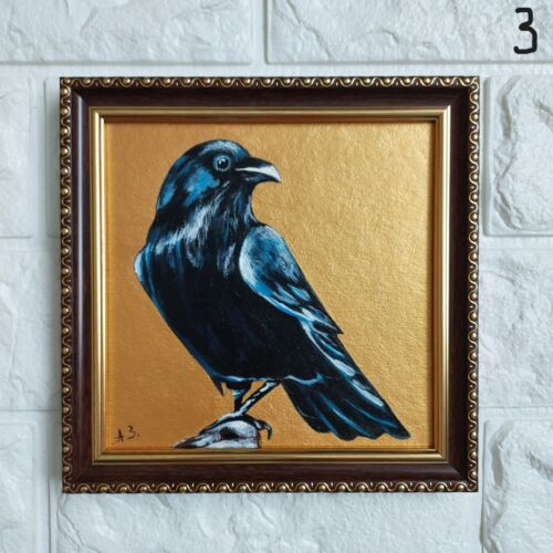Krähenmalerei Vogel Original Ölgemälde Rabe Wandkunst Goldenes Gemälde gerahmt - Bild 4 von 12