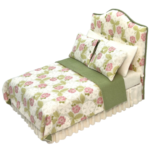 1:12 Artisan Dollhouse Miniature Bed Dressed Green Pink Floral Pleated Skirt