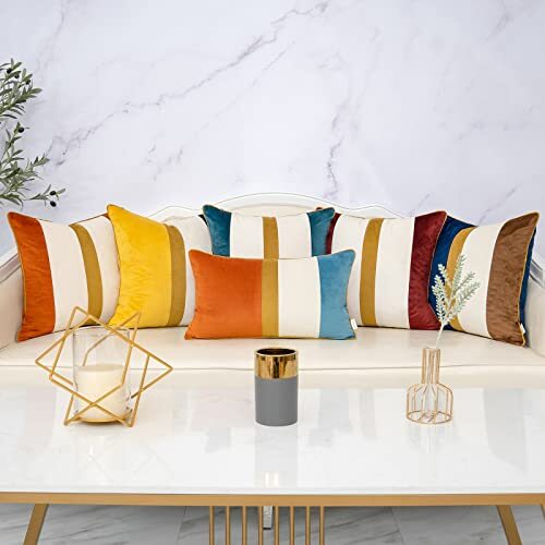 Patchwork Lumbar Throw Pillow Cover Striped Velvet Cushion 12" x 20" Orange - Bild 6 von 7