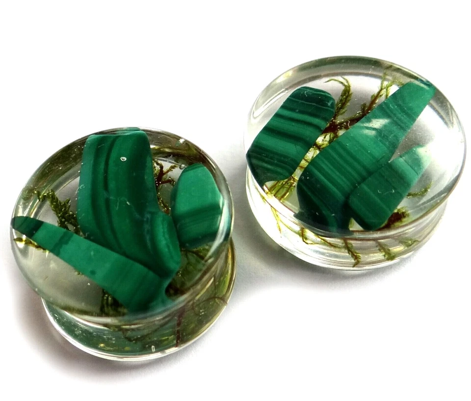 Túneles de carne de oreja de piedra de malaquita tapones acrílicos medidores acampanados dobles de gran tamaño Foto 2 de 4