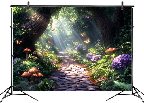 10x8ft Floral Butterfly Red Mushroom Fairy Forest Photo Background Studio Props - Picture 2 of 10