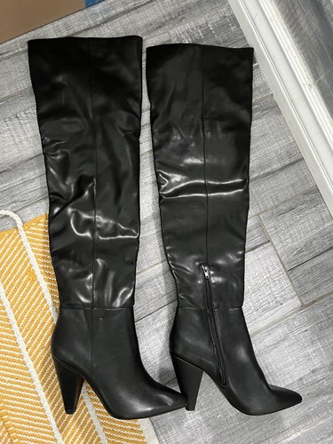 Call It Spring Over The Knee High Heeled Zip Faux Leather Boots Black Size 8 New - Picture 1 of 9