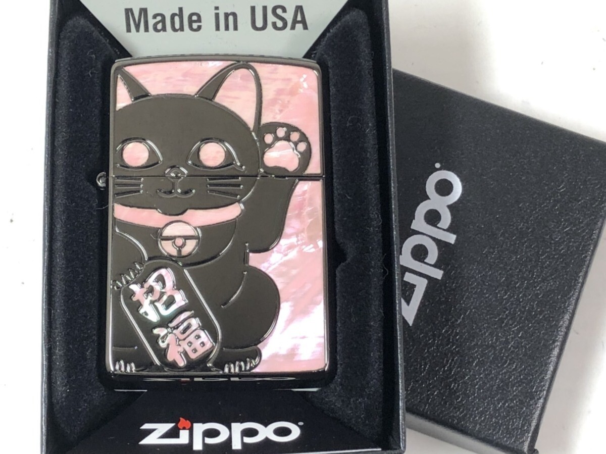 Zippo Lucky Cat Shell Inlay Black Pink Lighter Regular Japan