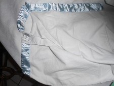 teddy's choice white BABY BLANKET blue satin trim soft 35x40"