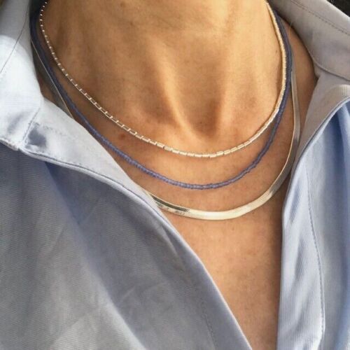 Sterling Silver 925 Plated Fine Flat Herringbone Snake Chain Women's Necklace - Picture 9 of 17