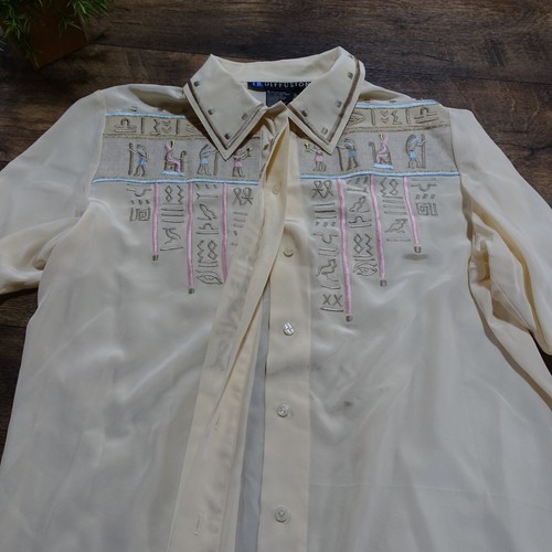 IB Diffusion 100% Silk Blouse w Egyptian Theme Embroidery - Long Sleeve - Collar - Picture 8 of 12