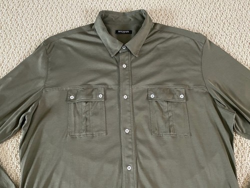 New Balmain Olive Green Cotton Jersey Chest Pockets Button Shirt 44 US 17.5 $975 - Picture 5 of 12