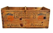 Vintage 1930s Buddy Extra Fancy California Orange Crate Box-Wood with Label Art