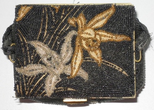 Vintage Black Beaded Corii Tokyo Evening Bag Box Purse Gold Silver Flowers - Picture 4 of 12