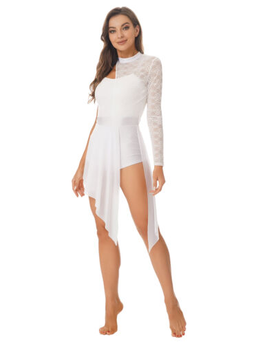 Womens Lyrical Dance Costumes Lace Asymmetrical Mesh Tulle Flowy Skirt Dress - Bild 9 von 123