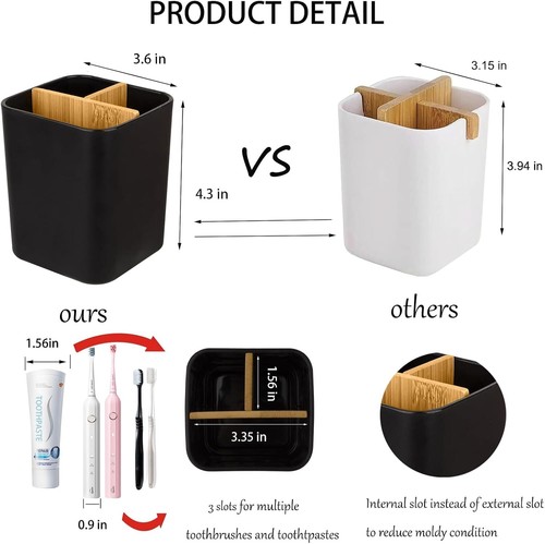 Black Bamboo Bathroom 3 Slots Counter Organizer Electric Toothbrushes Holder - Picture 2 of 6
