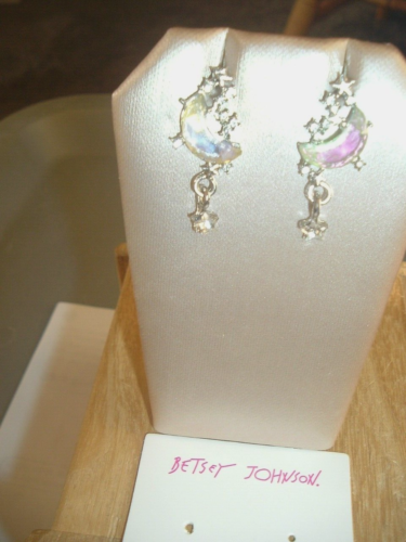 Clear Crystal Moon Adorned Dangling Stars Silver Betsey Johnson Pierced EARRINGS - Picture 4 of 6