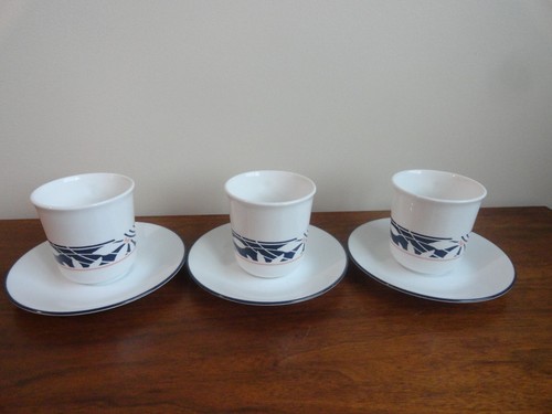 CORELLE Nocturne Cups Saucer Sets Flowers White Navy Blue Band Mugs Corning USA - Picture 3 of 8