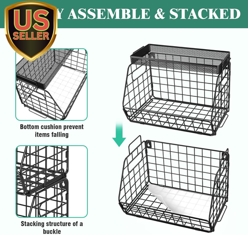 3-Tier Stackable Fruit Basket Kitchen Potato Onion Storage with Wire Bakset T... - Picture 7 of 8