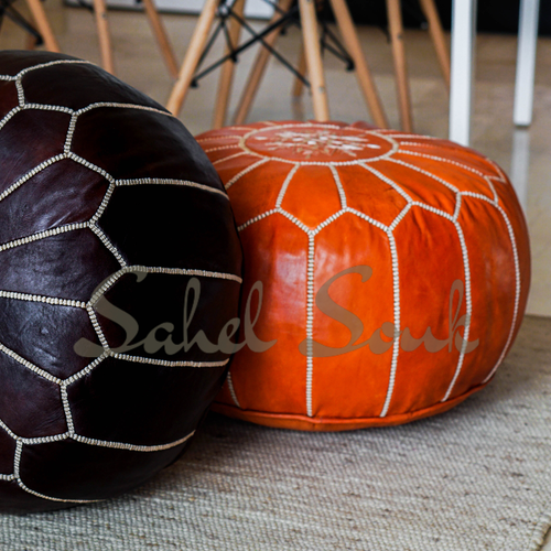 Moroccan Leather Pouf Unstuffed Moroccan Pouf Cover Boho Ottoman (Tan Brown) - Picture 6 of 6