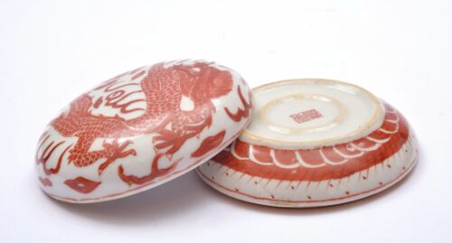 1930's Chinese Coral Red Glaze Dragon Porcelain Scholar Seal Paste Ink Box Mk - Picture 4 of 11