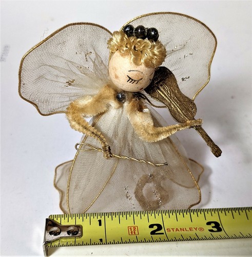 Angel w/Violin Bow Ornament Gold Wire w/Sheer Fabric, Hanging/Stand Vintage - Picture 7 of 8