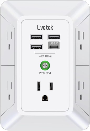 USB Wall Charger, LVETEK Surge Protector 5 Outlet Extender with 4 USB Ports 3 Si - Picture 1 of 24