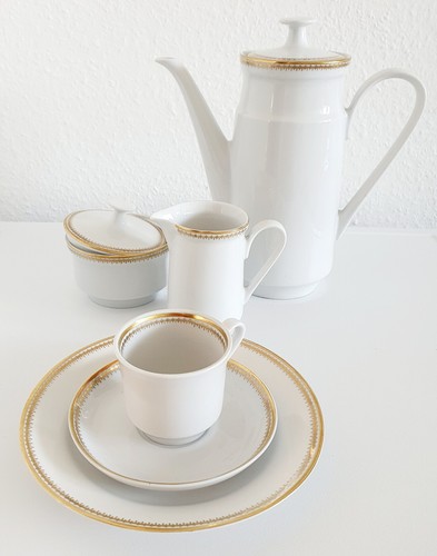 Kaffee Geschirr Set Tassen Untertassen Porzellan Geschirr Set Weiss Gold Dekor - Bild 8 von 13