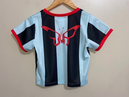 Puma x Dua Lipa Striped Cropped Jersey Shirt Blue Tops Womens L 536637-89 NEW - Picture 1 of 9