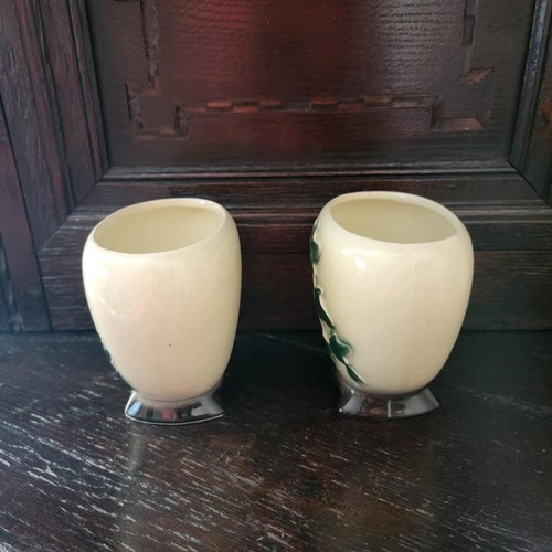 Pair Vintage Royal Copley Pottery Embossed Ivy Pattern Vases - Picture 2 of 6