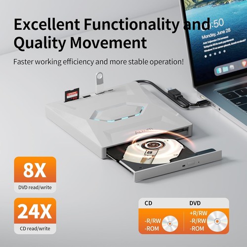 Type-C USB 3.0 External CD Drive: 5-in-1 Reader with 24X Speed, Portable Design - Picture 5 of 10