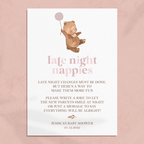  Baby Shower Late Night Nappies Poem in Pink, Blue, Yellow or Brown Bear (BE5) - Zdjęcie 3 z 4