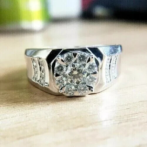 2 Ct Round Cut Moissanite Men's Pinky Engagement Ring 14k White Gold Plated - Picture 3 of 4