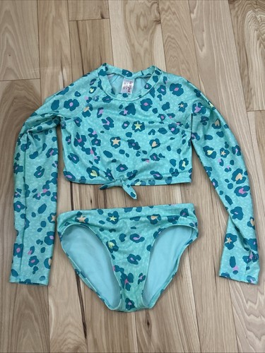 Cat & Jack Large (10/12) Girls 2pc Swimsuit Green Animal Print Long-sleeve UV - Picture 1 of 4