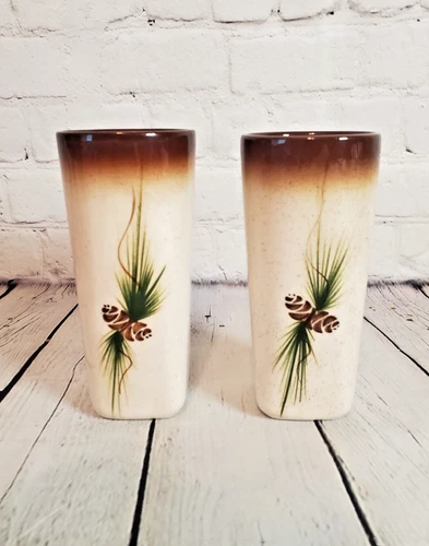 Pair of Vintage Romco Rocky Mountain Pottery Pine Cone 5.75" Tumblers Vases