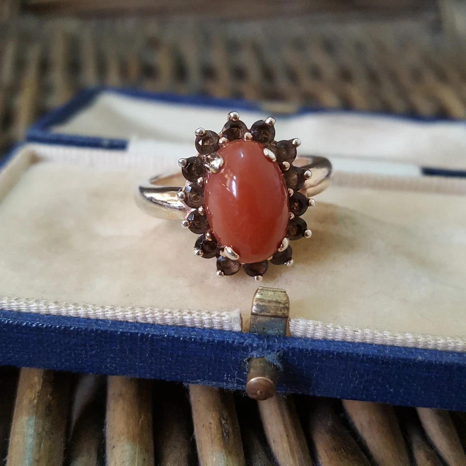 925 Sterling Silver Ring, Natural Red Quartz And Smoky Quartz, Size R US 8.5  - Image 2 of 4