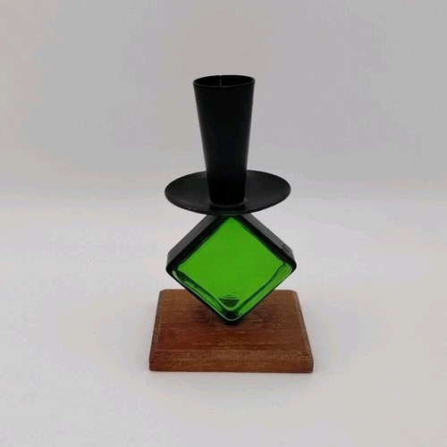 Vtg MCM Sweden Geometric Green Glass Wood Metal Candlestick Holder