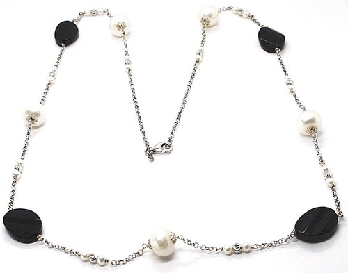 Collar Plata 925 , Ónix Negro Ovalados Facetada, Perlas, 80CM, Cadena Rolo