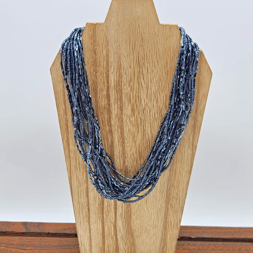 Layered Metallic Steel Blue Shimmering Seed Bead Necklace, 18" - Picture 8 of 12