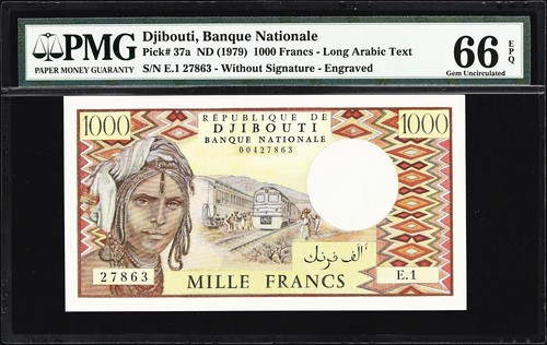 Djibouti 1000 Francs ND (1979) Pick-37a W/o Signature GEM UNC PMG 66 EPQ - Picture 1 of 2