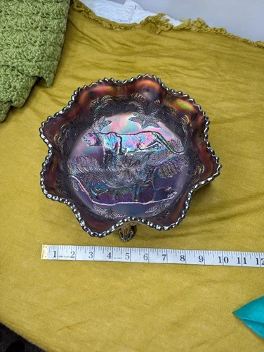 Fenton 10" Bowl, Colbalt Electric Carnival,  Butterfly Berry, Panther, Claw Feet