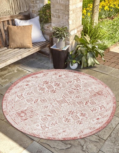 Outdoor Aztec Collection Area Rug - Coba (3' 3" Round, Rust Red/ Ivory)