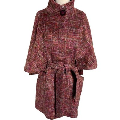 1 Madison Women's Tweed Belted Cape Coat Size 12 Red Pink Multi Color