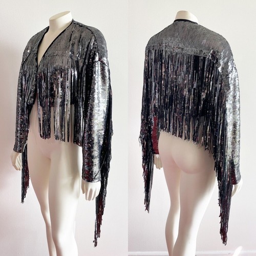 By Anthropologie Fransen Pailletten Jacke Cropped Silber XXS - Bild 12 von 12