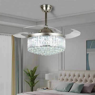 42'' Silver Invisible Ceiling Fan Crystal Chandelier 3-Color LED 3-Speed w/Remote