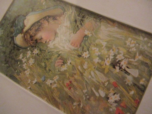 Framed Art Print Blue Faux Leather Frame Victorian Style Girl In Flowers Decor - Picture 5 of 12