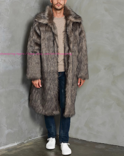 Abrigo de piel sintética mullido para hombre cálido invierno difuso largo abrigo grueso parka gabardina - Imagen 5 de 14