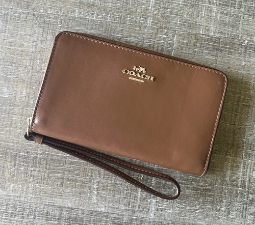 COACH Cuero Marrón Cremallera Alrededor Organizador Wrislet Cartera Oro Logo Clásico Preppy - Imagen 2 de 18