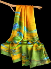 100% Silk Scarf Women neckerchief long Shawl Wrap floral yellow blue green MY227