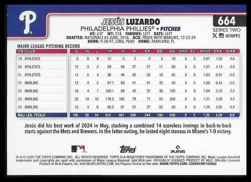 2025 Topps #664 Jesús Luzardo Rainbow Foil Philadelphia Phillies - Picture 2 of 2