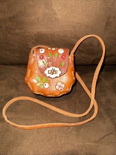 Mädchen Mexiko braune Leder Handtasche geprägt bemalt Blumen Handarbeit Kind